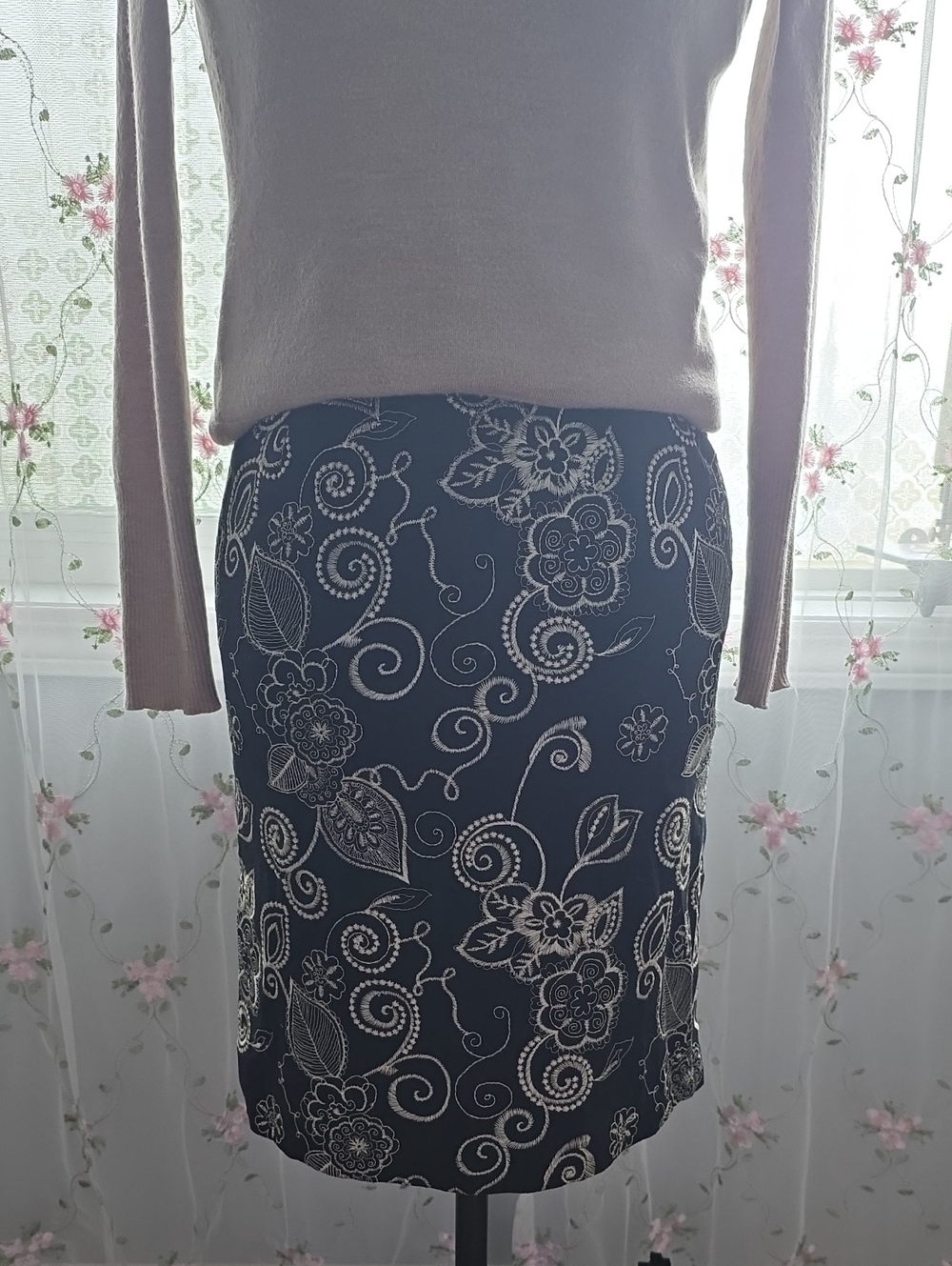 Black Pencil Skirt with Cream Floral Embroidery